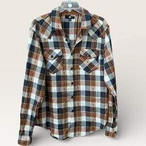 Frye Mens Size Medium Western Style Plaid Flannel Button Down Shirt Hipster